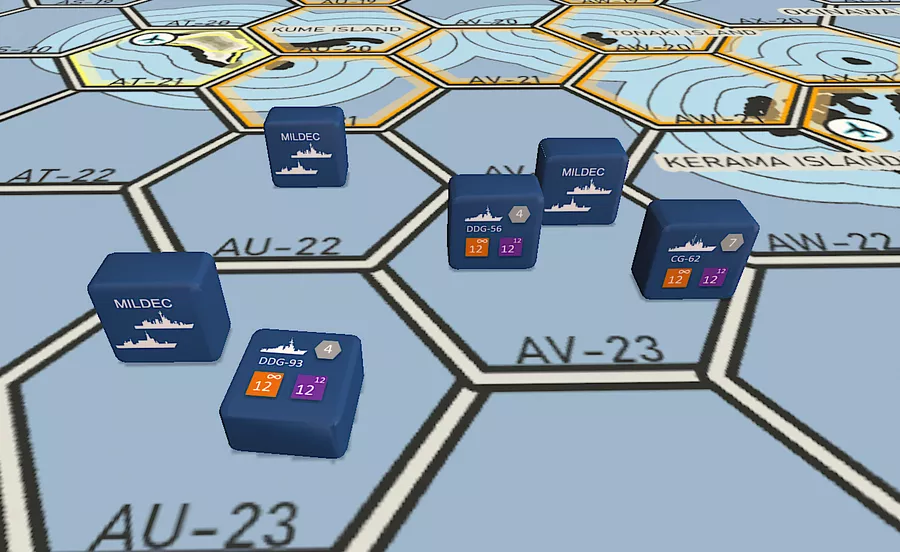 U.S. Navy ships in a Tabletop Simulator module for Littoral Commander: Indo-Pacific.
