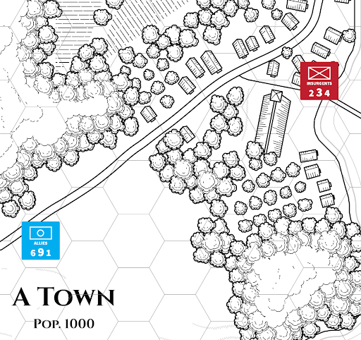 The A Town map with counters.