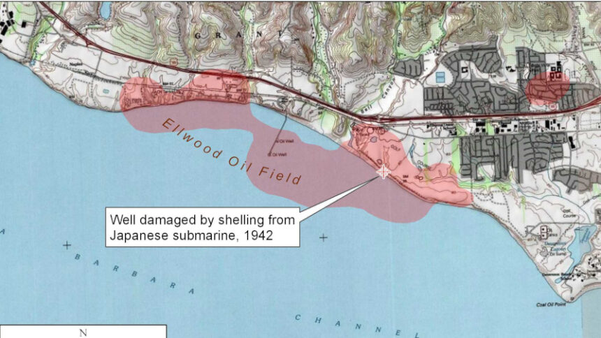 Detail map of Ellwood and Ellwood Offshore Oil Field, showing location of Luton-Bell Well No. 17, damaged by Japanese shelling 23 Feb 1942.