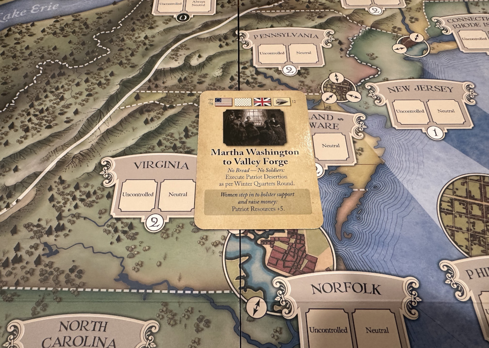 The "Martha Washington to Valley Forge" event card from "Liberty or Death."