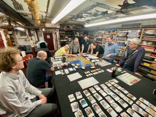A day-long, 10-player game of MegaCiv at the club. Club founder Tony is second from left.