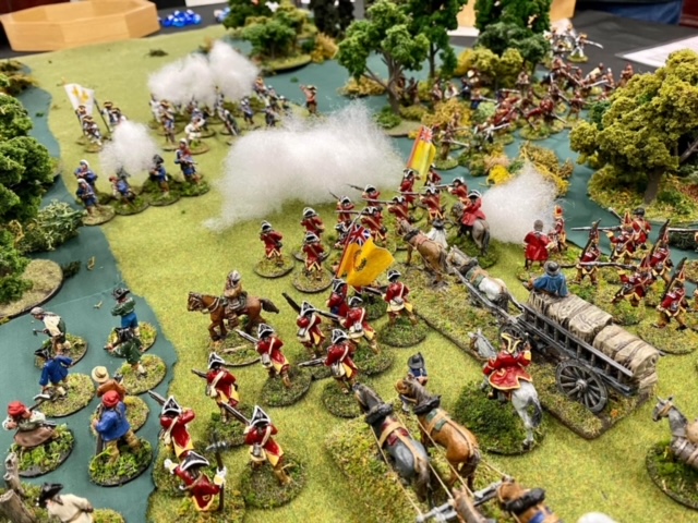 The Battle of the Monongahela in 28mm using Muskets & Tomahawks rules at the club (figures and scenario by the author).