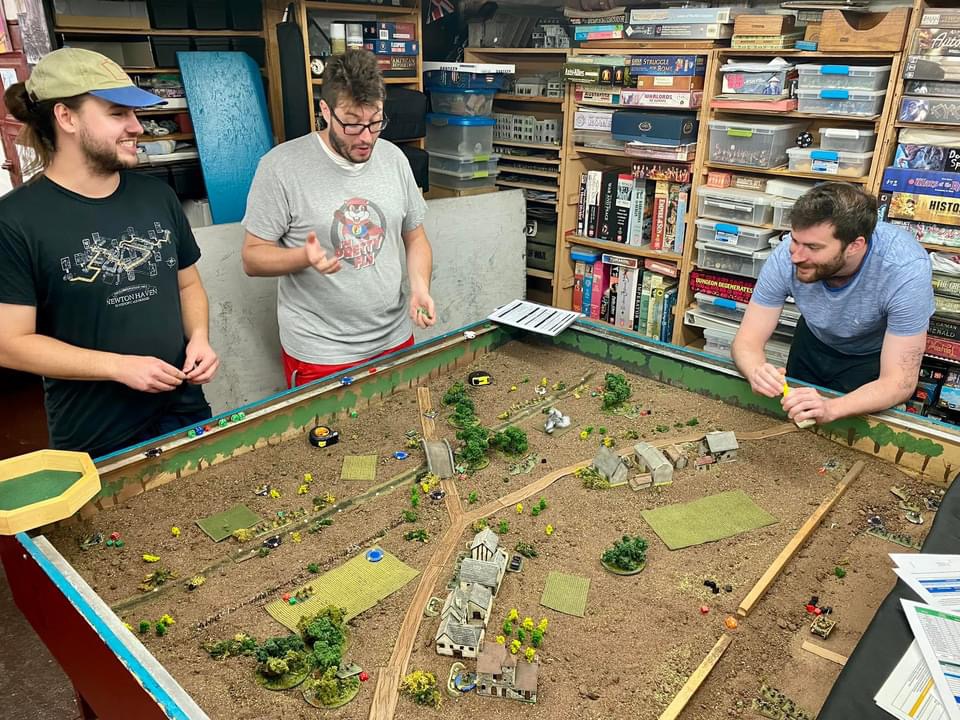 A recent game of O Group in 15mm, with members and visiting guest from Detroit, on one of the club's sand tables.