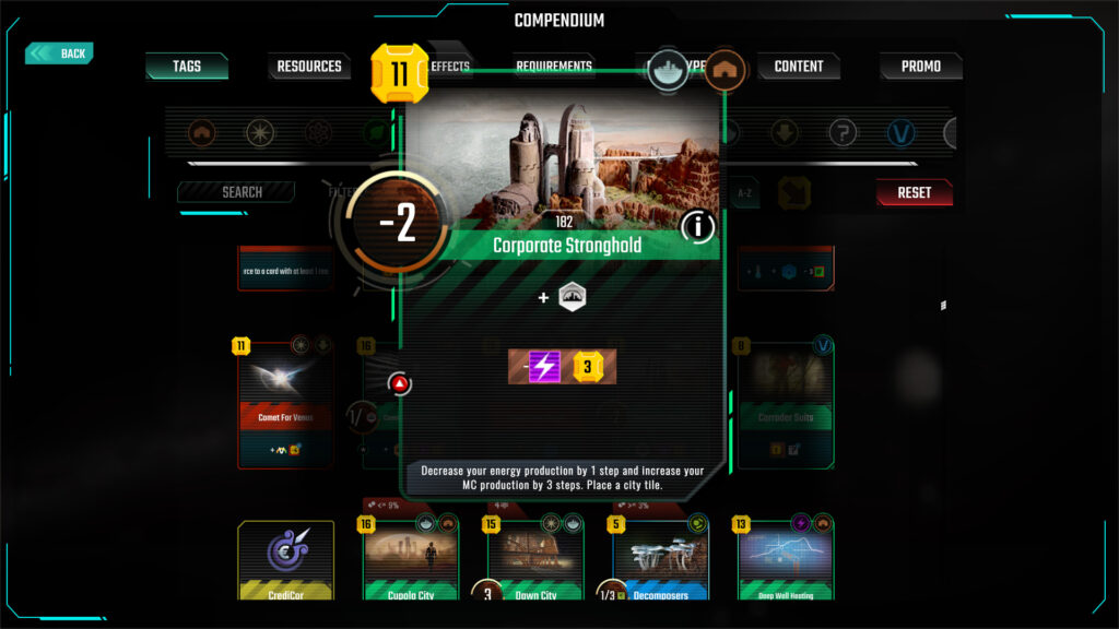 The "Corporate Stronghold" card from "Terraforming Mars."